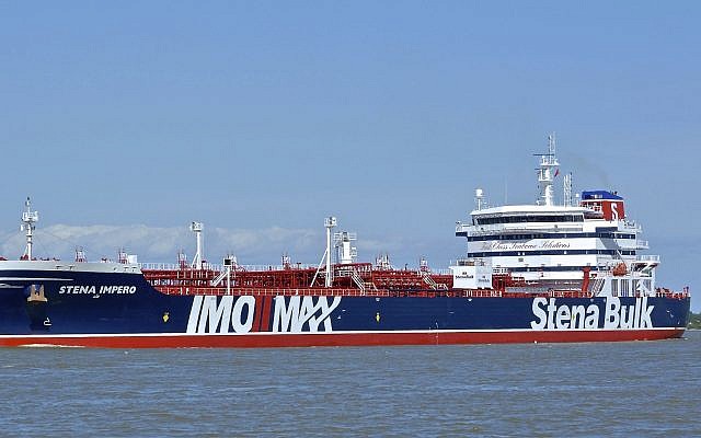 The British-flagged oil tanker Stena Impero at an unknown location on May 5, 2019 (Basil M. Karatzas, Karatzas Images via AP) The British-flagged oil tanker Stena Impero at an unknown location on May 5, 2019 (Basil M. Karatzas, Karatzas Images via AP)