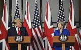 Britain's Prime Minister Theresa May, right, and US President Donald Trump take part in a joint press conference at the Foreign and Commonwealth Office, in London, June 4, 2019. (Stefan Rousseau/Pool via AP)