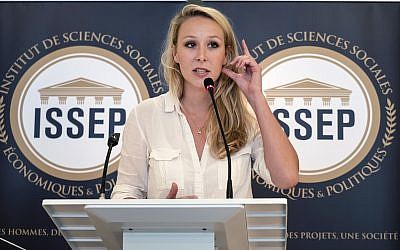Marion Marechal delivers a speech as she inaugurates the Institute of Social Sciences, Economics and Politics (ISSEP) in Lyon, central France, June 22, 2018. (Laurent Cipriani/AP)