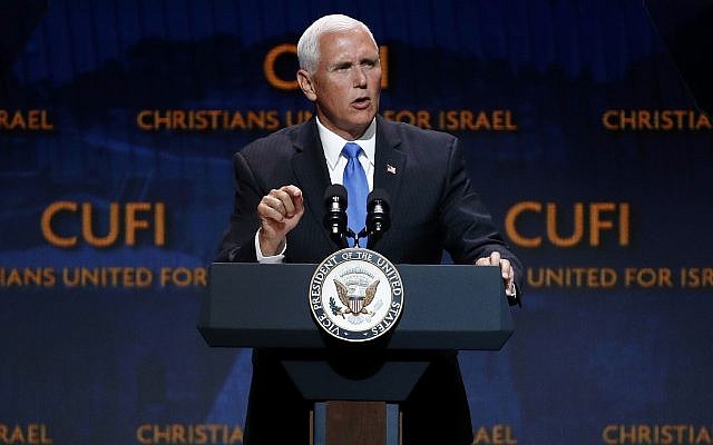 Vice President Mike Pence speaks at the Christians United for Israel's annual summit, July 8, 2019, in Washington. (AP Photo/Patrick Semansky) Vice President Mike Pence speaks at the Christians United for Israel's annual summit, July 8, 2019, in Washington. (AP Photo/Patrick Semansky)