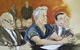 In this courtroom artist's sketch, defendant Jeffrey Epstein, center, sits with attorneys Martin Weinberg, left, and Marc Fernich during his arraignment in New York federal court, July 8, 2019. (Elizabeth Williams via AP)