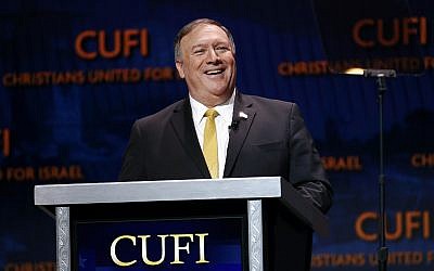 US Secretary of State Mike Pompeo speaks at the Christians United for Israel's annual summit, July 8, 2019, in Washington. (AP Photo/Patrick Semansky)
