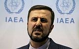Iran's Ambassador to the International Atomic Energy Agency, IAEA, Gharib Abadi speaks to the media after the IAEA board of governors meeting at the International Center in Vienna, Austria, July 10, 2019. (AP Photo/Ronald Zak)