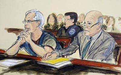 In this courtroom artist's sketch, defendant Jeffrey Epstein, left, and his attorney Martin Weinberg listen during a bail hearing in federal court, July 15, 2019 in New York. (Elizabeth Williams via AP)