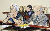 In this courtroom artist's sketch, defendant Jeffrey Epstein, left, and his attorney Martin Weinberg listen during a bail hearing in federal court, in New York, July 15, 2019. (Elizabeth Williams via AP)