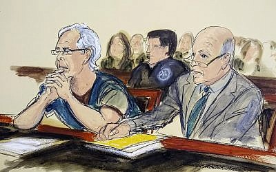 In this courtroom artist's sketch, defendant Jeffrey Epstein, left, and his attorney Martin Weinberg listen during a bail hearing in federal court, in New York, July 15, 2019. (Elizabeth Williams via AP)