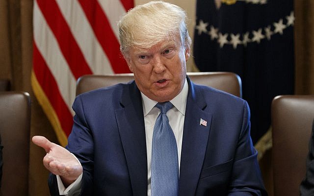 US President Donald Trump speaks during a Cabinet meeting in the Cabinet Room of the White House, in Washington, July 16, 2019. (Alex Brandon/AP) US President Donald Trump speaks during a Cabinet meeting in the Cabinet Room of the White House, in Washington, July 16, 2019. (Alex Brandon/AP)