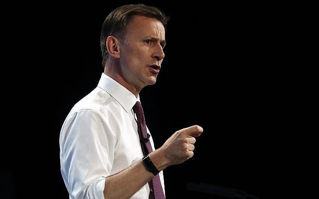 Conservative party leadership candidate and UK Foreign Minister Jeremy Hunt gives a speech during a Conservative leadership hustings at ExCel Centre in London, July 17, 2019. (AP Photo/Frank Augstein) Conservative party leadership candidate and UK Foreign Minister Jeremy Hunt gives a speech during a Conservative leadership hustings at ExCel Centre in London, July 17, 2019. (AP Photo/Frank Augstein)