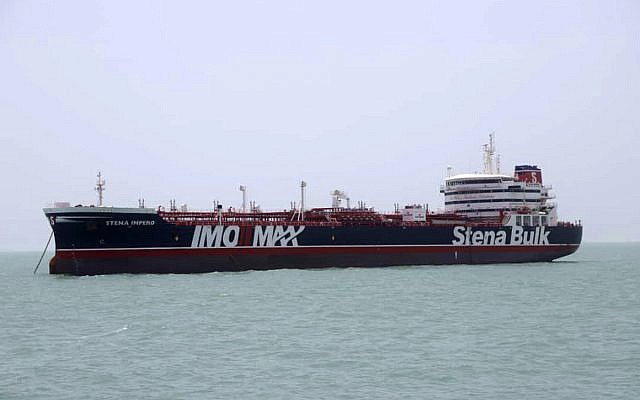 The British-flagged oil tanker Stena Impero which was seized by the Iran's Revolutionary Guard is photographed in the Iranian port of Bandar Abbas, July 20, 2019. (Tasnim News Agency/via AP) The British-flagged oil tanker Stena Impero which was seized by the Iran's Revolutionary Guard is photographed in the Iranian port of Bandar Abbas, July 20, 2019. (Tasnim News Agency/via AP)