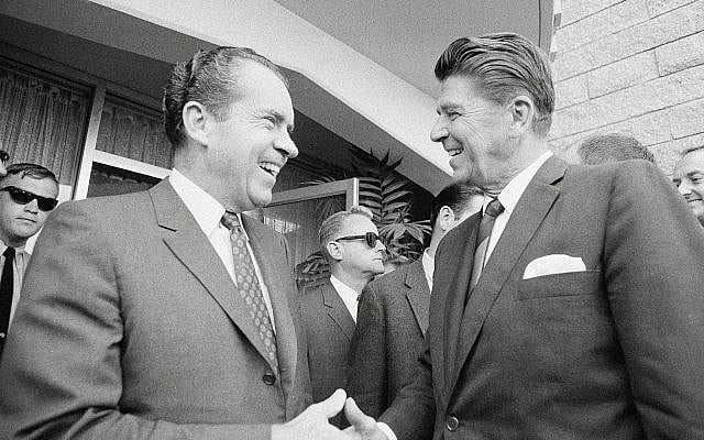 Richard Nixon, left, greets Gov. Ronald Reagan, right, as the California chief executive arrives in San Diego on August 16, 1968. (Henry Burroughs/AP) Richard Nixon, left, greets Gov. Ronald Reagan, right, as the California chief executive arrives in San Diego on August 16, 1968. (Henry Burroughs/AP)