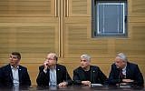 From right to left: Blue and White leaders Benny Gantz, Yair Lapid, Moshe Ya'alon, and Gabi Ashkenazi at a faction meeting at the Knesset on June 24, 2019. (Yonatan Sindel/Flash90)