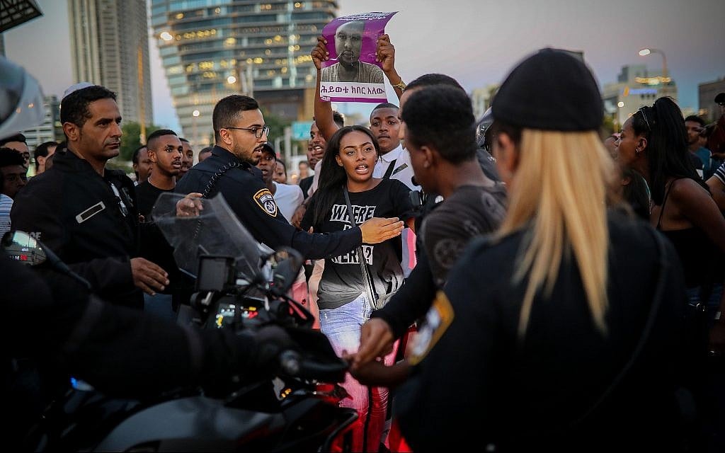 Ethiopian Israeli protestors demonstrate in Tel Aviv against the shooting of 19-year-old Solomon Tekah and what they say is systemic police brutality, July 2, 2019. (Hadas Parush/ Flash90) Ethiopian Israeli protestors demonstrate in Tel Aviv against the shooting of 19-year-old Solomon Tekah and what they say is systemic police brutality, July 2, 2019. (Hadas Parush/ Flash90)