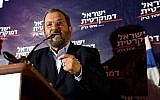 Ehud Barak, head of the Israel Democratic Party speaks during an election campaign event in Tel Aviv on June 26, 2019. (Gili Yaari/Flash90)