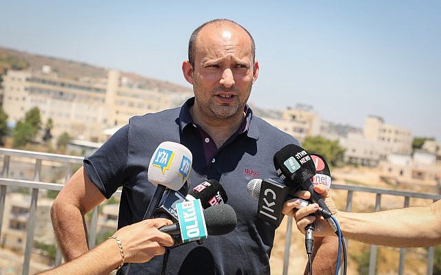 New Right No. 2 Naftali Bennett speaks during a press conference in the West Bank settlement of Efrat on July 22, 2019. (Gershon Elinson/Flash90) New Right No. 2 Naftali Bennett speaks during a press conference in the West Bank settlement of Efrat on July 22, 2019. (Gershon Elinson/Flash90)