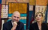 Justice Minister Amir Ohana (L) with then-Justice Ministry director general Emi Palmor during a welcome ceremony for Ohana at the ministry in Jerusalem on June 23, 2019. (Yonatan Sindel/Flash90)