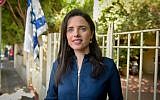 Ayelet Shaked, former justice minister and head of the New Right party, speaks during a press conference outside her home in Tel Aviv on July 25, 2019. (Avshalom Shoshoni/Flash90)