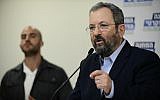 Former prime minister Ehud Barak speaks during a press conference in Tel Aviv announcing the formation of Democratic Camp electoral alliance on July 25, 2019. (Tomer Neuberg/Flash90)