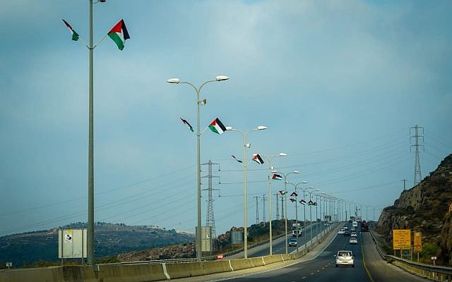 Right-wing activists hang Palestinian flags along a West Bank highway on July 7, 2019 (Courtesy of Regavim) Right-wing activists hang Palestinian flags along a West Bank highway on July 7, 2019 (Courtesy of Regavim)