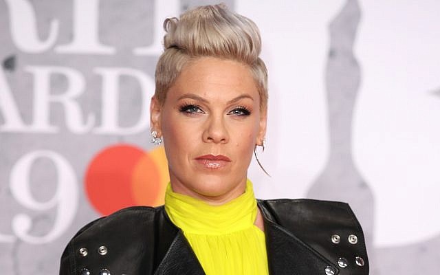 US singer Pink attends The BRIT Awards 2019 held at The O2 Arena in London, February 20, 2019. (Mike Marsland/ WireImage via Getty Images/via JTA) US singer Pink attends The BRIT Awards 2019 held at The O2 Arena in London, February 20, 2019. (Mike Marsland/ WireImage via Getty Images/via JTA)