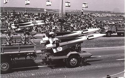 Hawk air defense missiles are driven in a military parade in Tel Aviv on Independence Day, May 6, 1965. (Avraham Amir/Wikimedia)