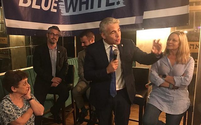 Blue and White number two Yair Lapid at a party campaign event for English speakers in Tel Aviv, July 1, 2019. (Hannah Harnest/Times of Israel) Blue and White number two Yair Lapid at a party campaign event for English speakers in Tel Aviv, July 1, 2019. (Hannah Harnest/Times of Israel)