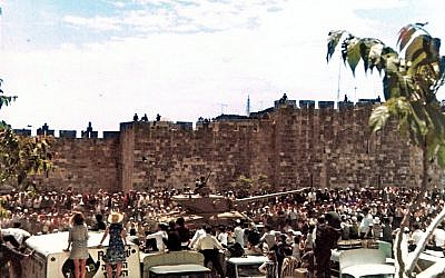 Israeli soldiers and tanks take part in a military parade outside Jerusalem's Old City on Independence Day, May 2, 1968. (Eldar Family/Wikimedia/CC BY 2.5)
