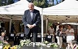 President Reuven Rivlin at the grave of his late wife Nechama at Jerusalem's Mount Herzl for the unveiling of her tombstone 30 days after her passing, on July 4, 2019. (Courtesy Tomer Reichman)