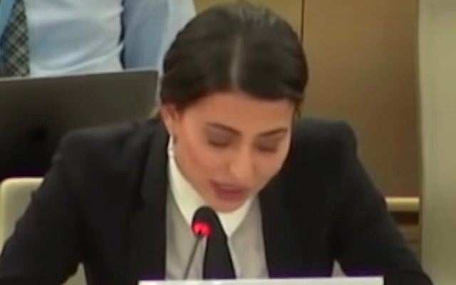 Former Miss Iraq Sarah Idan speaks at the UN Human Rights Council in Geneva on July 2, 2019. (Screen capture: YouTube) Former Miss Iraq Sarah Idan speaks at the UN Human Rights Council in Geneva on July 2, 2019. (Screen capture: YouTube)