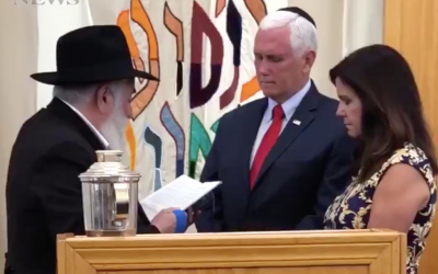 (From L-R) Rabbi Yisroel Goldstein blesses US Vice President Mike Pence and Second Lady Karen Pence at the Chabad of Poway on July 10, 2019. (Screen capture/Twitter)