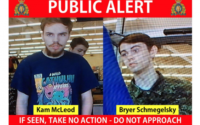 Security camera images recorded in Saskatchewan of Kam McLeod, 19, and Bryer Schmegelsky, 18, are displayed as Royal Canadian Mounted Police Sgt. Janelle Shoihet listens during a news conference in Surrey, British Columbia, on July 23, 2019. (Screen capture/YouTube) Security camera images recorded in Saskatchewan of Kam McLeod, 19, and Bryer Schmegelsky, 18, are displayed as Royal Canadian Mounted Police Sgt. Janelle Shoihet listens during a news conference in Surrey, British Columbia, on July 23, 2019. (Screen capture/YouTube)