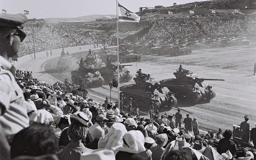 Sherman tanks take part in a military parade in Jerusalem on Independence Day, April 24, 1958. (Avraham Amir/Wikimedia)