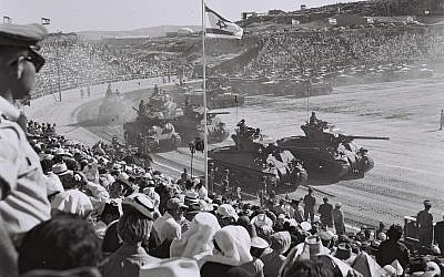 Sherman tanks take part in a military parade in Jerusalem on Independence Day, April 24, 1958. (Avraham Amir/Wikimedia)