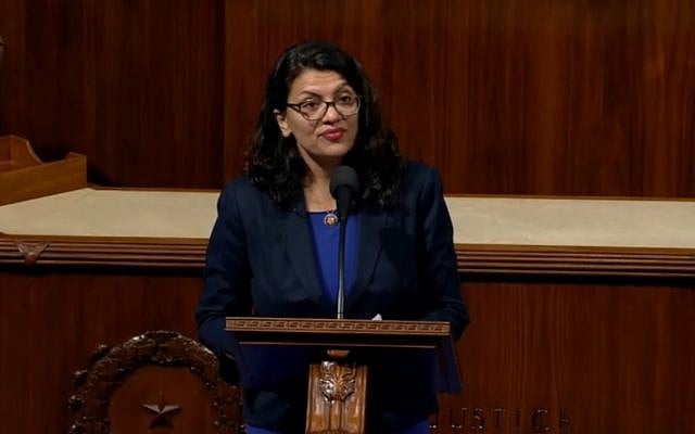 Screen capture from video of Rep. Rashida Tlaib, Michigan, addressing the US House of Representatives during a debate over a resolution rejected boycotts of Israel, July 23, 2019. (YouTube)