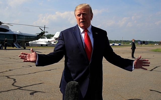 US President Donald Trump speaks at Morristown Municipal Airport in Morristown, New Jersey, on his way returning back to the White House, July 7, 2019. (AP Photo/Manuel Balce Ceneta) US President Donald Trump speaks at Morristown Municipal Airport in Morristown, New Jersey, on his way returning back to the White House, July 7, 2019. (AP Photo/Manuel Balce Ceneta)