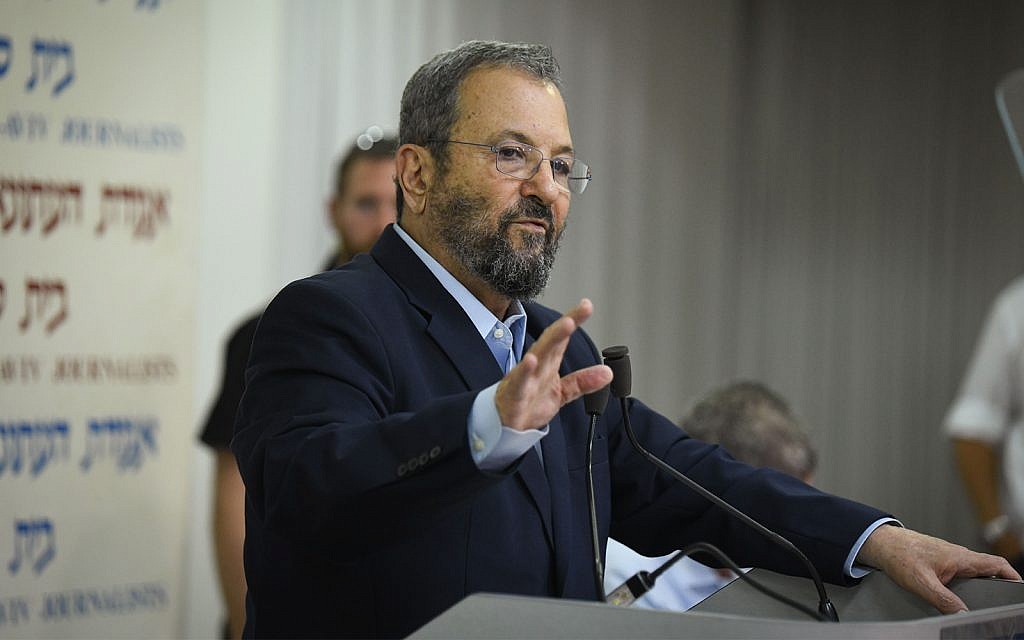 Former PM Ehud Barak speaks during a press conference announcing the establishment of a new political party in Tel Aviv, June 26, 2019. (Flash90) Former PM Ehud Barak speaks during a press conference announcing the establishment of a new political party in Tel Aviv, June 26, 2019. (Flash90)