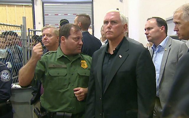 US Vice President Mike Pence tours a detention facility on the Texas border, July 12, 2019. (YouTube screenshot) US Vice President Mike Pence tours a detention facility on the Texas border, July 12, 2019. (YouTube screenshot)