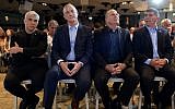 From left: Yair Lapid, Benny Gantz, Moshe Ya'alon, Gabi Ashkenazi of the Blue and White party at its official campaign launch in Shefayim, July 14, 2019. (Gili Yaari/Flash90)