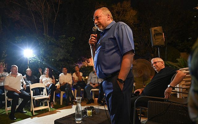 Yisrael Beytenu chairman Avigdor Liberman speaking at a parlor event in Ramat Gan, July 9, 2019. (Shachar Azran) Yisrael Beytenu chairman Avigdor Liberman speaking at a parlor event in Ramat Gan, July 9, 2019. (Shachar Azran)