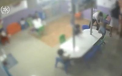 A still from a video showing alleged abuse at a daycare center in Rosh Ha'ayin, released by police on July 4, 2019. (screen capture: Israel Police)