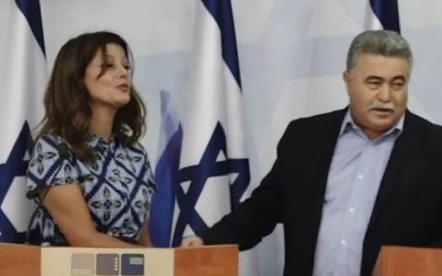 Gesher party chair Orly Levy-Abekasis (L) and Labor head Amir Peretz announce their joint run in the September election, July 18, 2019 (screenshot) Gesher party chair Orly Levy-Abekasis (L) and Labor head Amir Peretz announce their joint run in the September election, July 18, 2019 (screenshot)