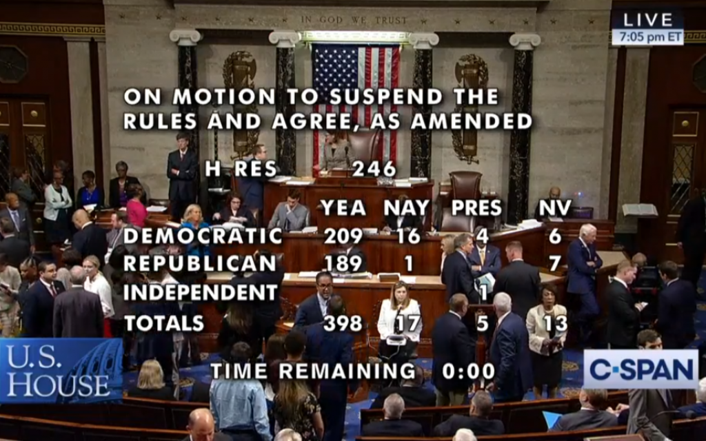 A screenshot of C-Span at the end of a tally of a US House of Representatives vote to condemn the boycott Israel movement on July 23, 2019. A screenshot of C-Span at the end of a tally of a US House of Representatives vote to condemn the boycott Israel movement on July 23, 2019.