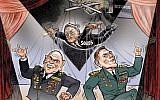 Illustrative: Ben Garrison drew this cartoon in 2017. It shows George Soros being manipulated by a hand of the Rothschilds, and Soros in turn manipulating Trump’s former National Security Adviser H.R. McMaster and retired Gen. David Petraeus. (Ben Garrison/Twitter via JTA)