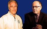 Alan Dershowitz, right, represented sex offender Jeffrey Epstein in a controversial 2008 plea deal and used to send him copies of his books to review before publication (JTA illustration by Laura E. Adkins)