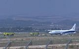 An Electra Air Boeing 737 plane after a safe landing at Ben Gurion Airport amid an emergency situation because of a blown tire. (Channel 12 screen capture)