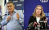 Composite picture showing Labor leader Amir Peretz (R) speaking at a press conference in Tel Aviv on July 3, 2019, and Hatnua leader Tzipi Livni (L) speaking at a press conference in Tel Aviv on February 18, 2019. (Flash90)
