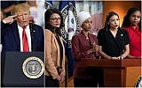 (L) US President Donald Trump speaks at a campaign rally in Greenville, North Carolina on July 17, 2019. (AP/Gerry Broome) (R) From left, Rep. Rashida Tlaib,, Rep. Ilhan Omar, Rep. Alexandria Ocasio-Cortez, and Rep. Ayanna Pressley speak at a press conference in Washington on July 15, 2019. (AP Photo/J. Scott Applewhite)