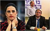 (L) Former Justice Minister Ayelet Shaked attends the Yakir of Jewish Law ceremony in Tel Aviv on June 12, 2019. (Flash90). Otzma Yehudit party member Itamar Ben Gvir during an election campaign event in Bat Yam on April 6, 2019. (Flash90)