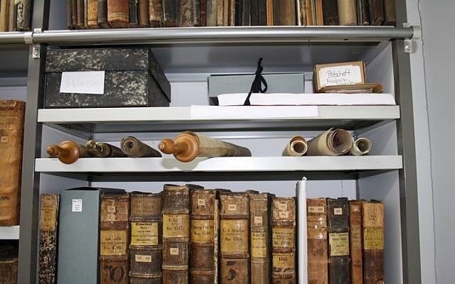 Torah scrolls sat on a dusty shelf in an office in the Martinus Library in Mainz for some 50 years. (Courtesy of Martinus Library via JTA) Torah scrolls sat on a dusty shelf in an office in the Martinus Library in Mainz for some 50 years. (Courtesy of Martinus Library via JTA)