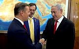 Prime Minister Benjamin Netanyahu (R) greets Oleh Lyashko of the Ukrainian Radical Party on July 10, 2019 in Jerusalem (Screencapture/Twitter)