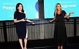 Facebook's Chief Operating Officer Sheryl Sandberg, left, and Facebook's Israel General Manager Adi Soffer Teeni inaugurate the social media giant's new space for startups called 'Playground' in Tel Aviv, Aug. 14, 2019  (Sivan Farag/Times of Israel)